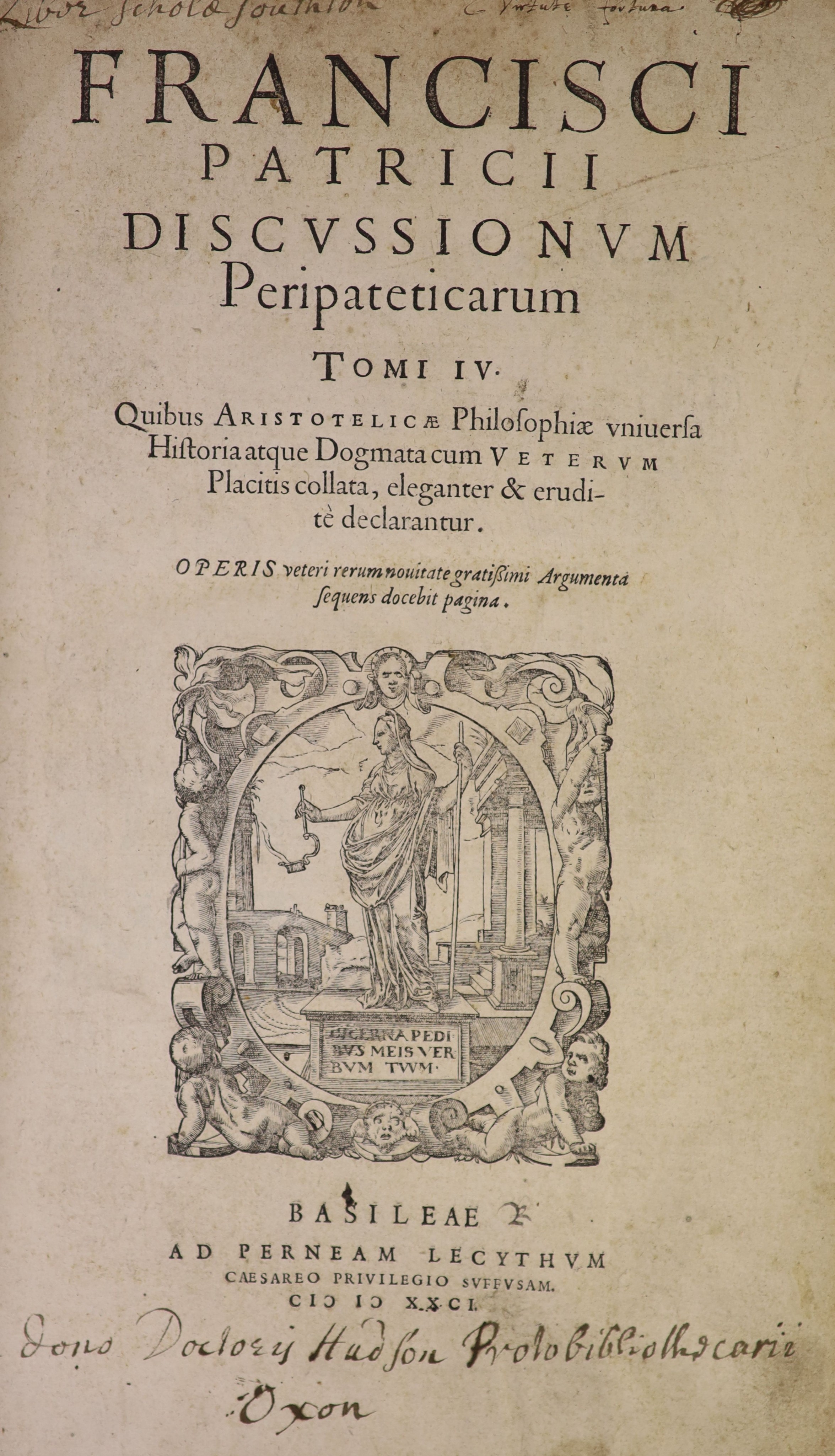 Patricius, Franciscus - Discussionum Peripeticarum. Tomi IV ... engraved title device (with portrait on verso), decorated initial letters, part titles (each with portrait); (9), 480 & (27)pp.